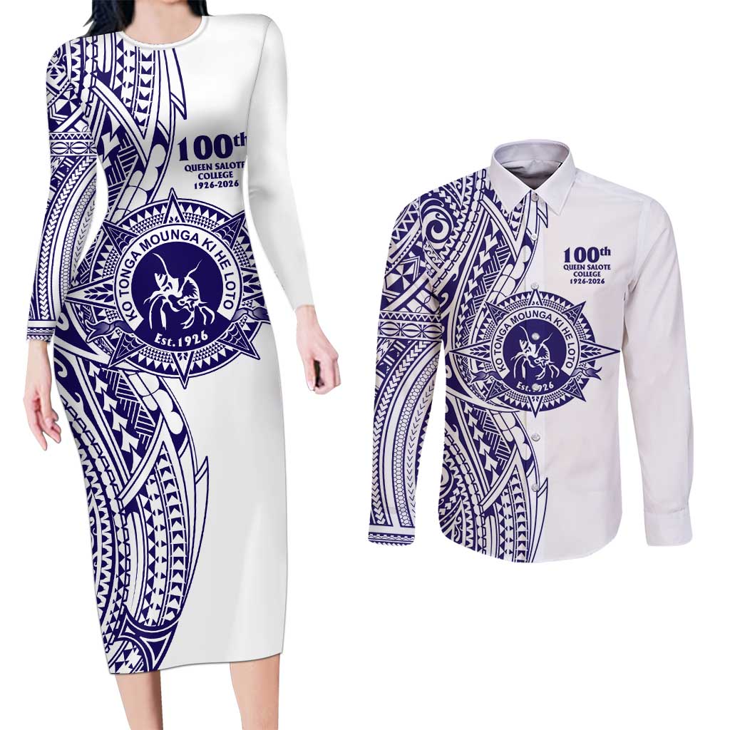 Tonga Queen Salote College 100th Years Couples Matching Long Sleeve Bodycon Dress and Long Sleeve Button Shirt White Tonga Kupesi Uniquely Pacific Art LT9 White - Polynesian Pride