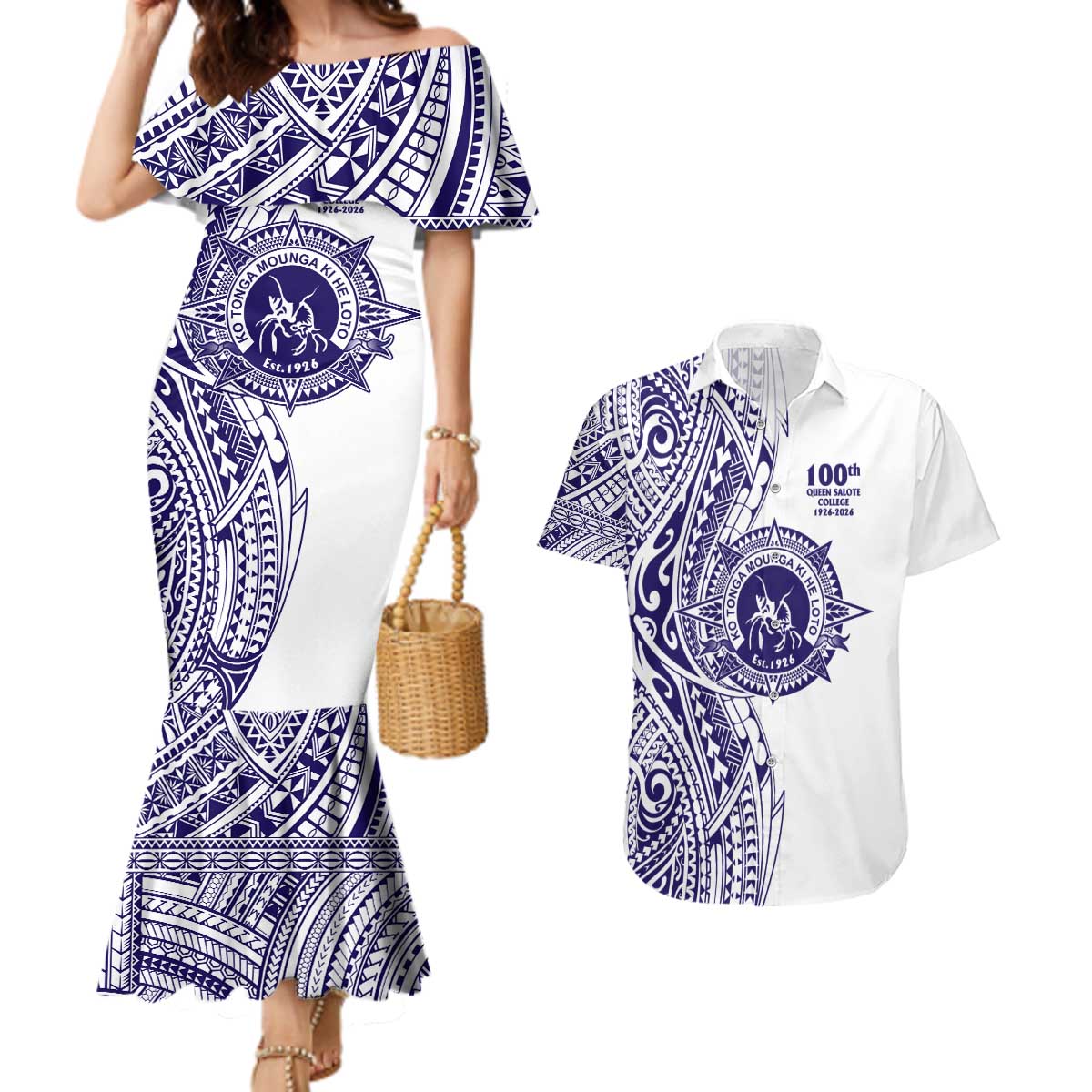Tonga Queen Salote College 100th Years Couples Matching Mermaid Dress and Hawaiian Shirt White Tonga Kupesi Uniquely Pacific Art LT9 White - Polynesian Pride