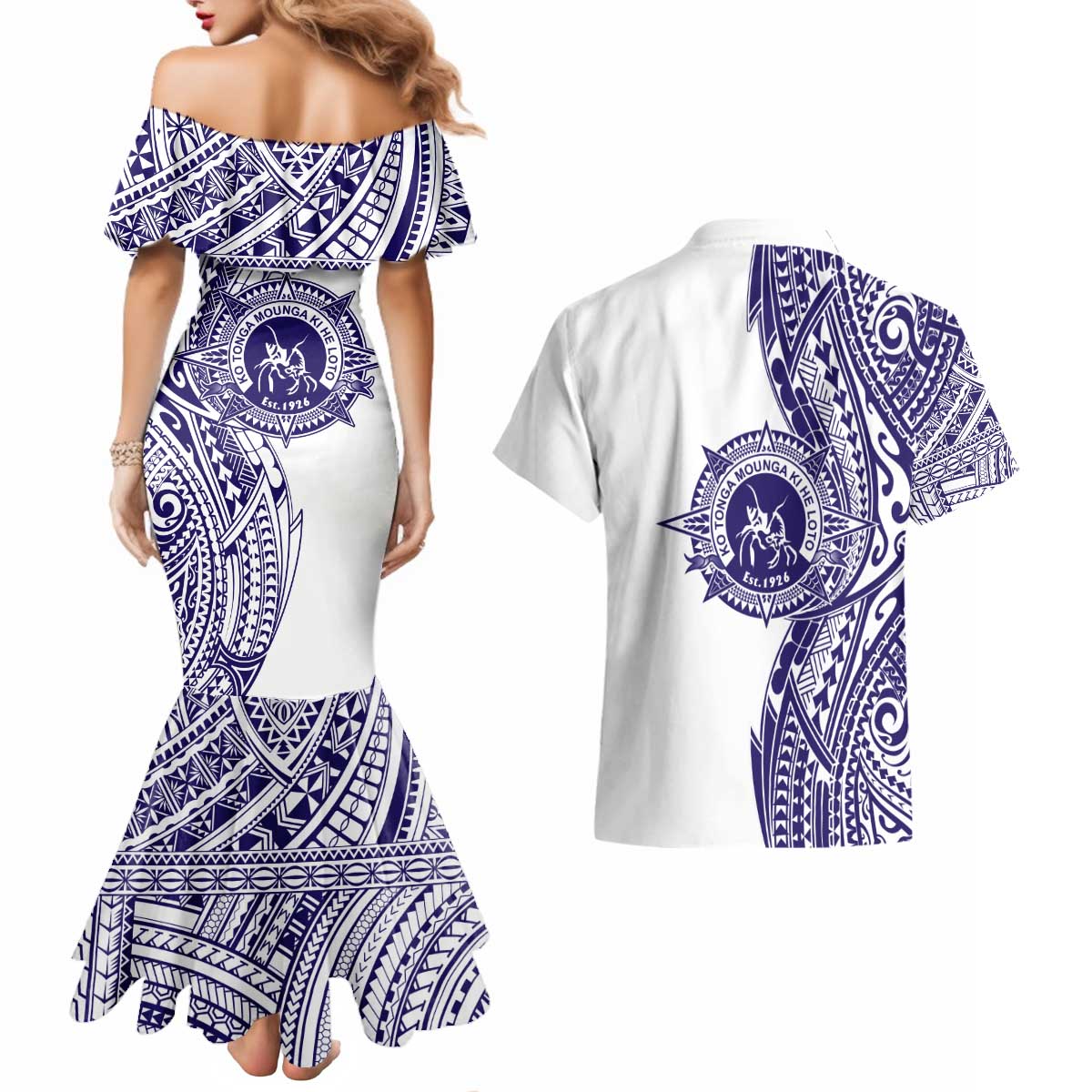 Tonga Queen Salote College 100th Years Couples Matching Mermaid Dress and Hawaiian Shirt White Tonga Kupesi Uniquely Pacific Art LT9 - Polynesian Pride