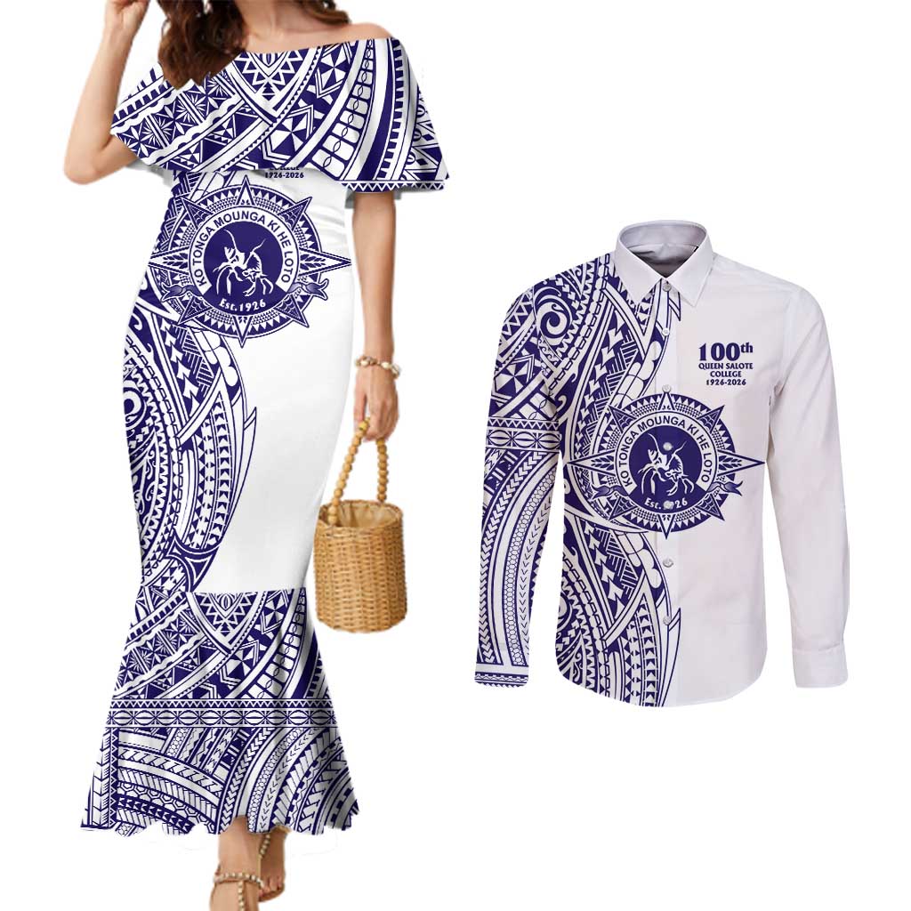 Tonga Queen Salote College 100th Years Couples Matching Mermaid Dress and Long Sleeve Button Shirt White Tonga Kupesi Uniquely Pacific Art LT9 White - Polynesian Pride