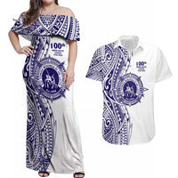 Tonga Queen Salote College 100th Years Couples Matching Off Shoulder Maxi Dress and Hawaiian Shirt White Tonga Kupesi Uniquely Pacific Art LT9 White - Polynesian Pride