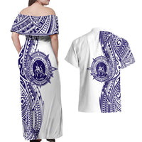 Tonga Queen Salote College 100th Years Couples Matching Off Shoulder Maxi Dress and Hawaiian Shirt White Tonga Kupesi Uniquely Pacific Art LT9 - Polynesian Pride