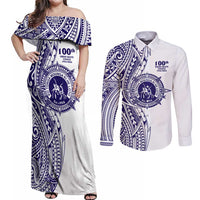 Tonga Queen Salote College 100th Years Couples Matching Off Shoulder Maxi Dress and Long Sleeve Button Shirt White Tonga Kupesi Uniquely Pacific Art LT9 White - Polynesian Pride