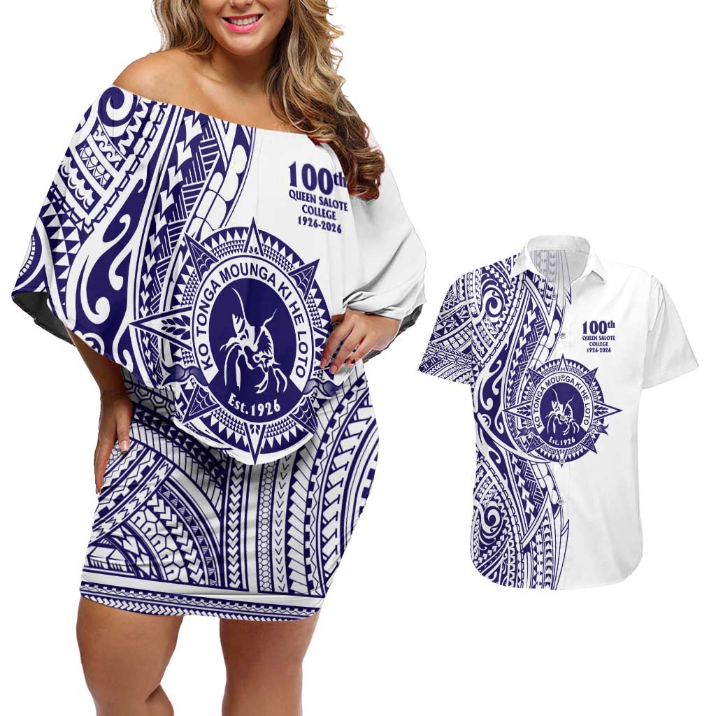 Tonga Queen Salote College 100th Years Couples Matching Off Shoulder Short Dress and Hawaiian Shirt White Tonga Kupesi Uniquely Pacific Art LT9 White - Polynesian Pride