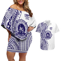 Tonga Queen Salote College 100th Years Couples Matching Off Shoulder Short Dress and Hawaiian Shirt White Tonga Kupesi Uniquely Pacific Art LT9 White - Polynesian Pride