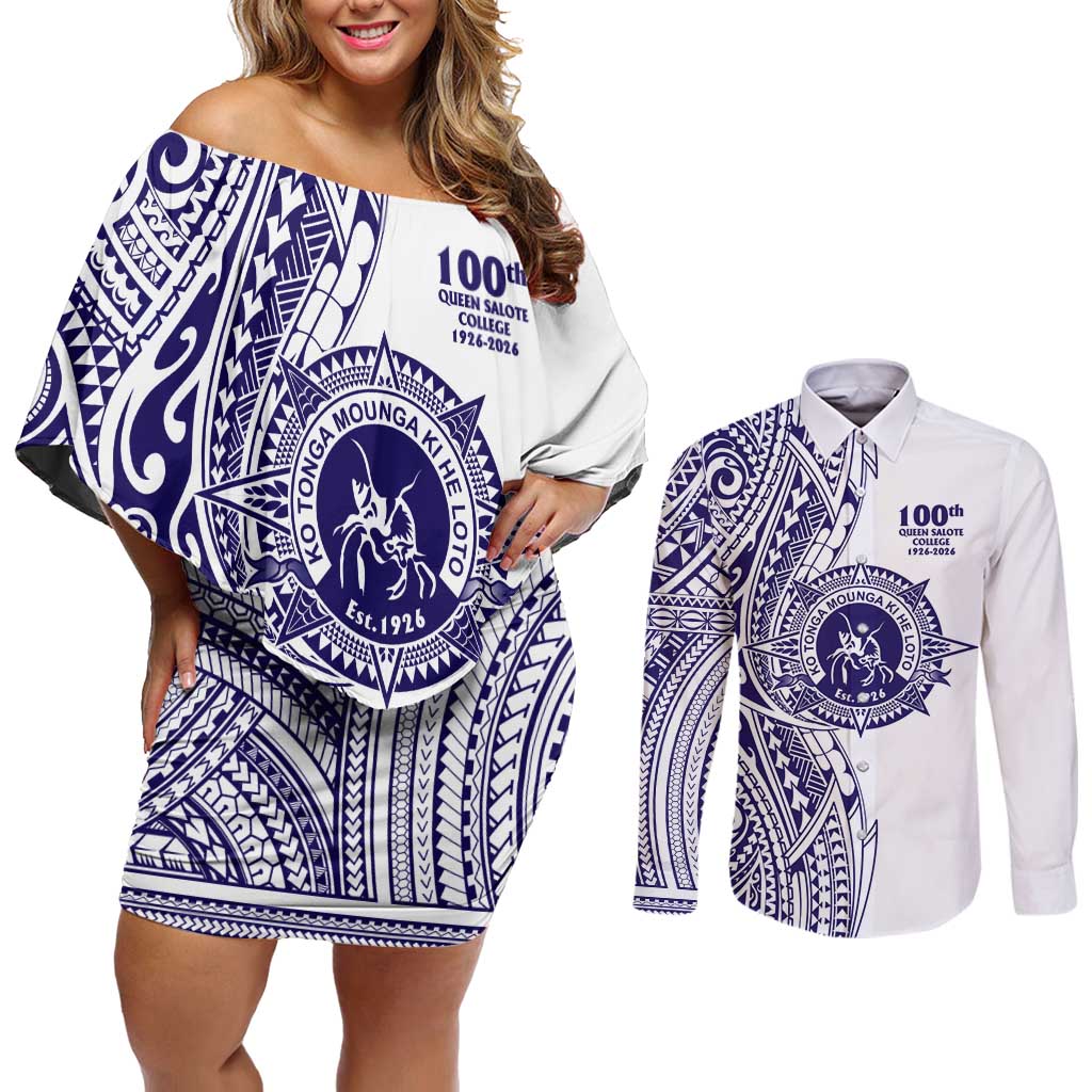 Tonga Queen Salote College 100th Years Couples Matching Off Shoulder Short Dress and Long Sleeve Button Shirt White Tonga Kupesi Uniquely Pacific Art LT9 White - Polynesian Pride