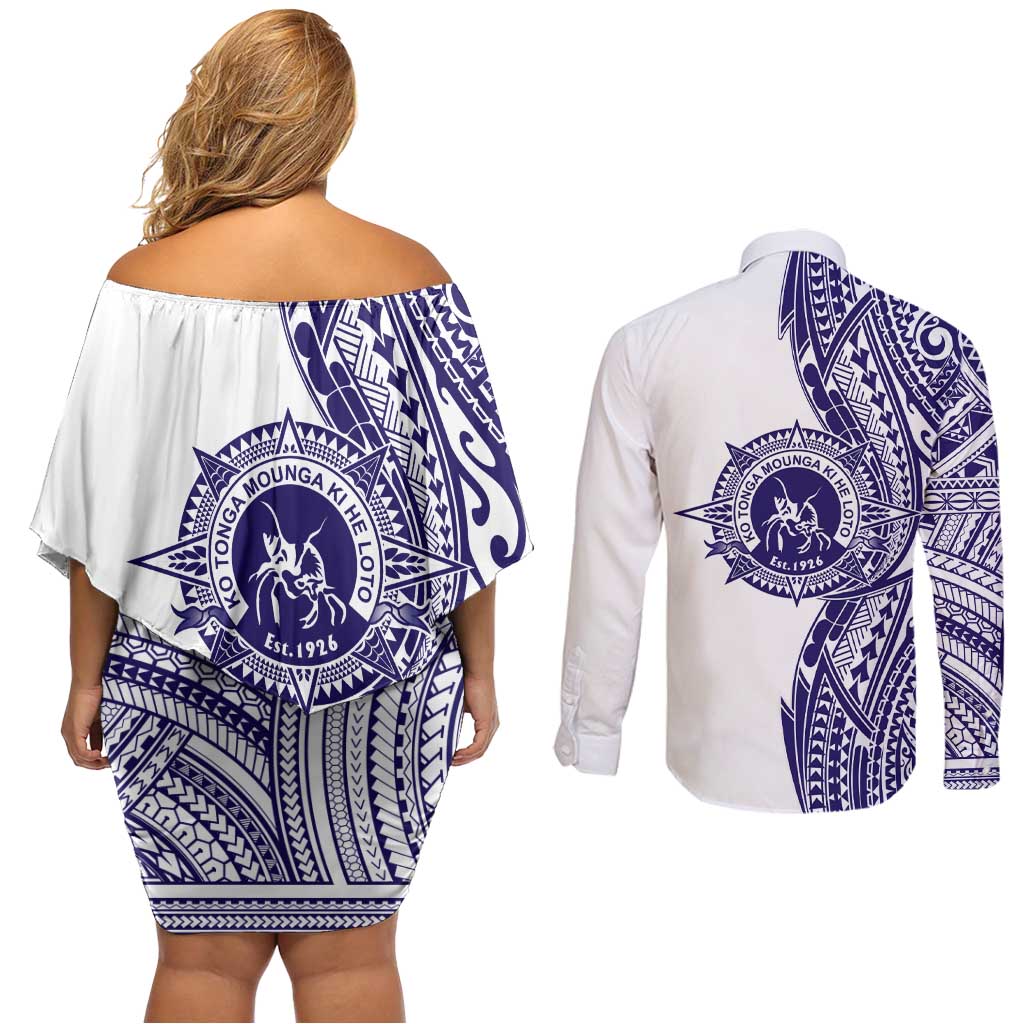 Tonga Queen Salote College 100th Years Couples Matching Off Shoulder Short Dress and Long Sleeve Button Shirt White Tonga Kupesi Uniquely Pacific Art LT9 - Polynesian Pride