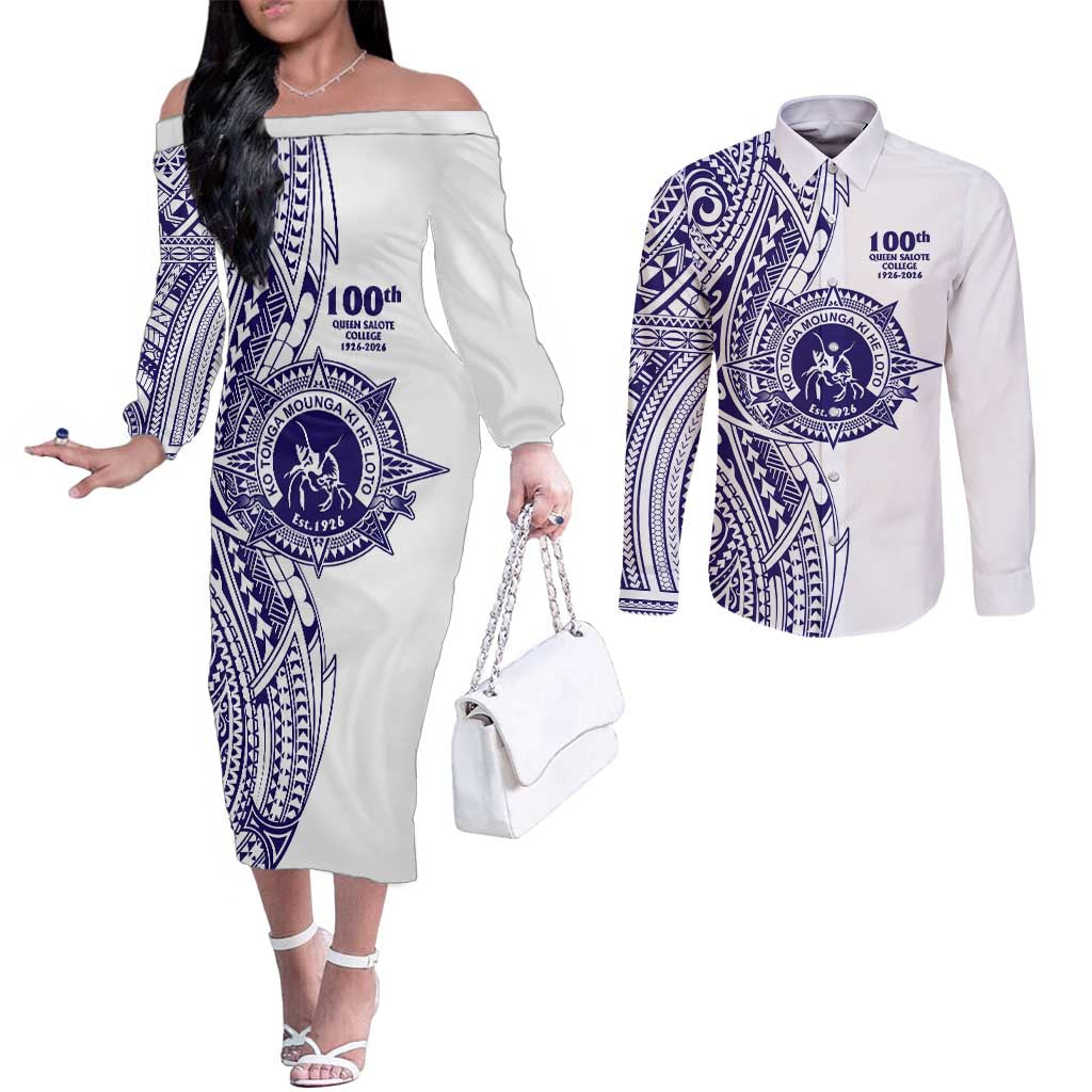 Tonga Queen Salote College 100th Years Couples Matching Off The Shoulder Long Sleeve Dress and Long Sleeve Button Shirt White Tonga Kupesi Uniquely Pacific Art LT9 White - Polynesian Pride