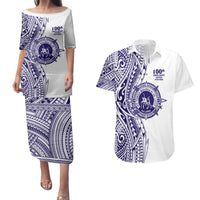 Tonga Queen Salote College 100th Years Couples Matching Puletasi and Hawaiian Shirt White Tonga Kupesi Uniquely Pacific Art LT9 White - Polynesian Pride