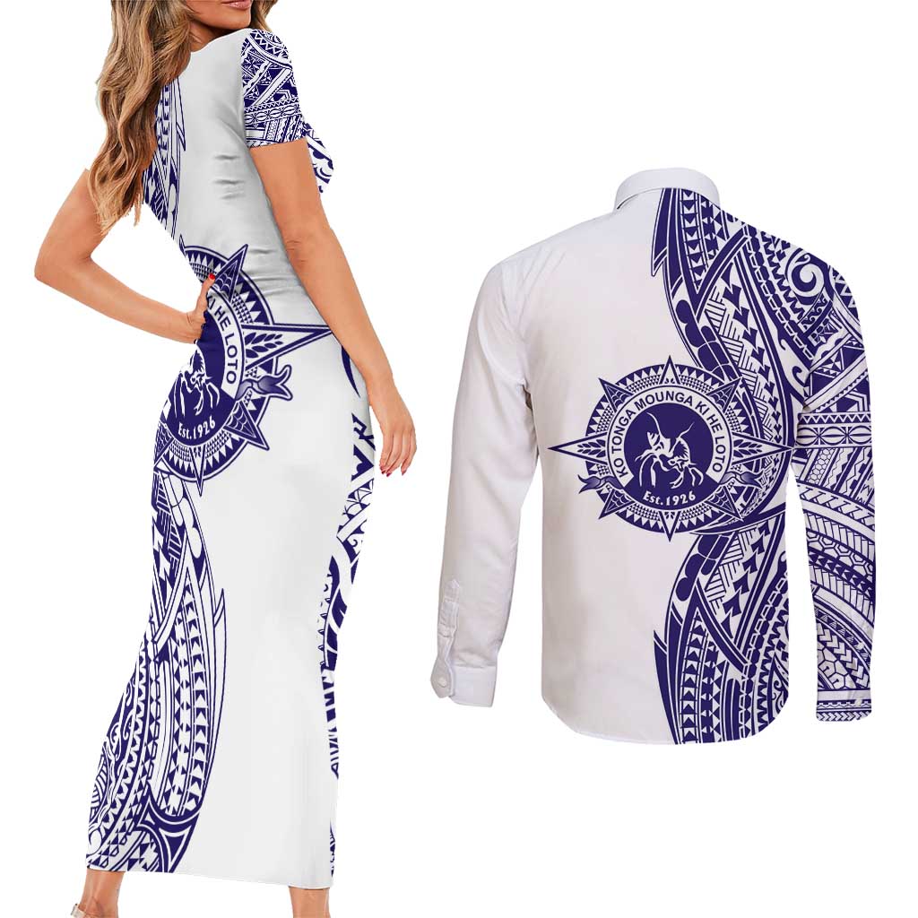 Tonga Queen Salote College 100th Years Couples Matching Short Sleeve Bodycon Dress and Long Sleeve Button Shirt White Tonga Kupesi Uniquely Pacific Art LT9 - Polynesian Pride