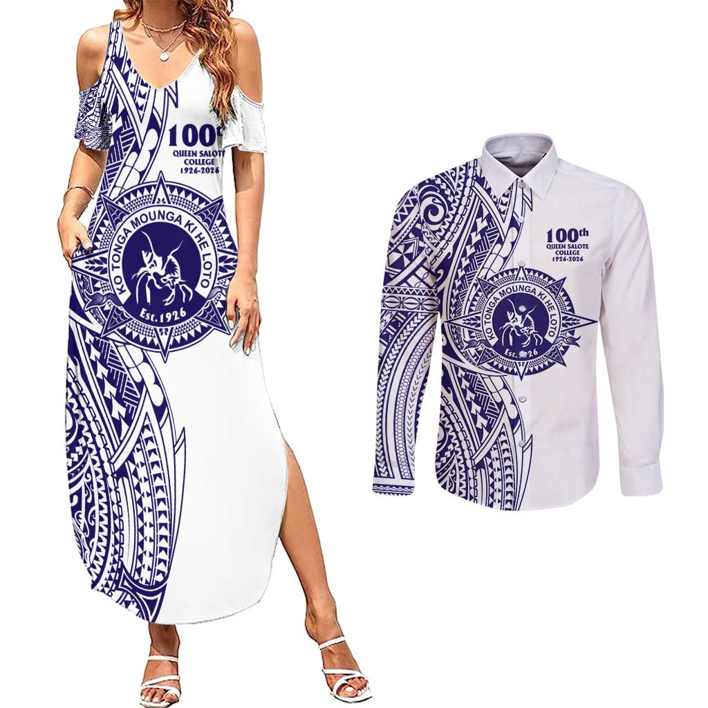 Tonga Queen Salote College 100th Years Couples Matching Summer Maxi Dress and Long Sleeve Button Shirt White Tonga Kupesi Uniquely Pacific Art LT9 White - Polynesian Pride