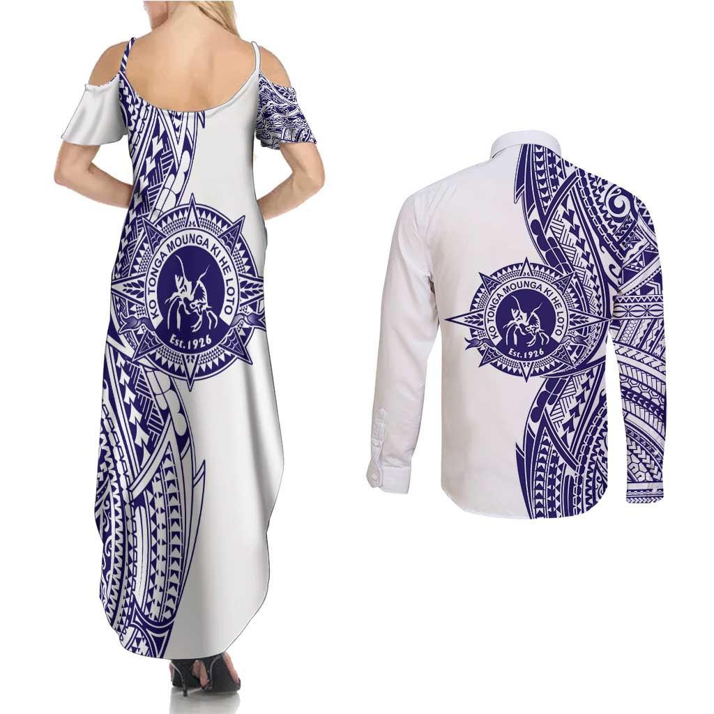 Tonga Queen Salote College 100th Years Couples Matching Summer Maxi Dress and Long Sleeve Button Shirt White Tonga Kupesi Uniquely Pacific Art LT9 - Polynesian Pride