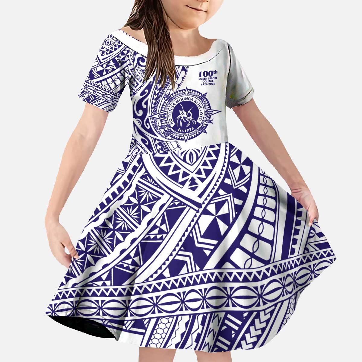 Tonga Queen Salote College 100th Years Family Matching Off The Shoulder Long Sleeve Dress and Hawaiian Shirt White Tonga Kupesi Uniquely Pacific Art LT9 Daughter's Dress White - Polynesian Pride