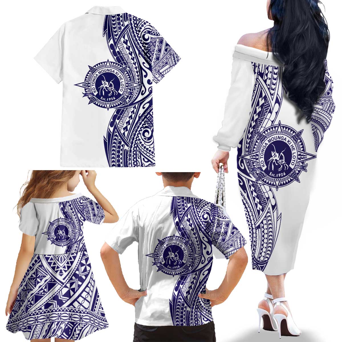Tonga Queen Salote College 100th Years Family Matching Off The Shoulder Long Sleeve Dress and Hawaiian Shirt White Tonga Kupesi Uniquely Pacific Art LT9 - Polynesian Pride