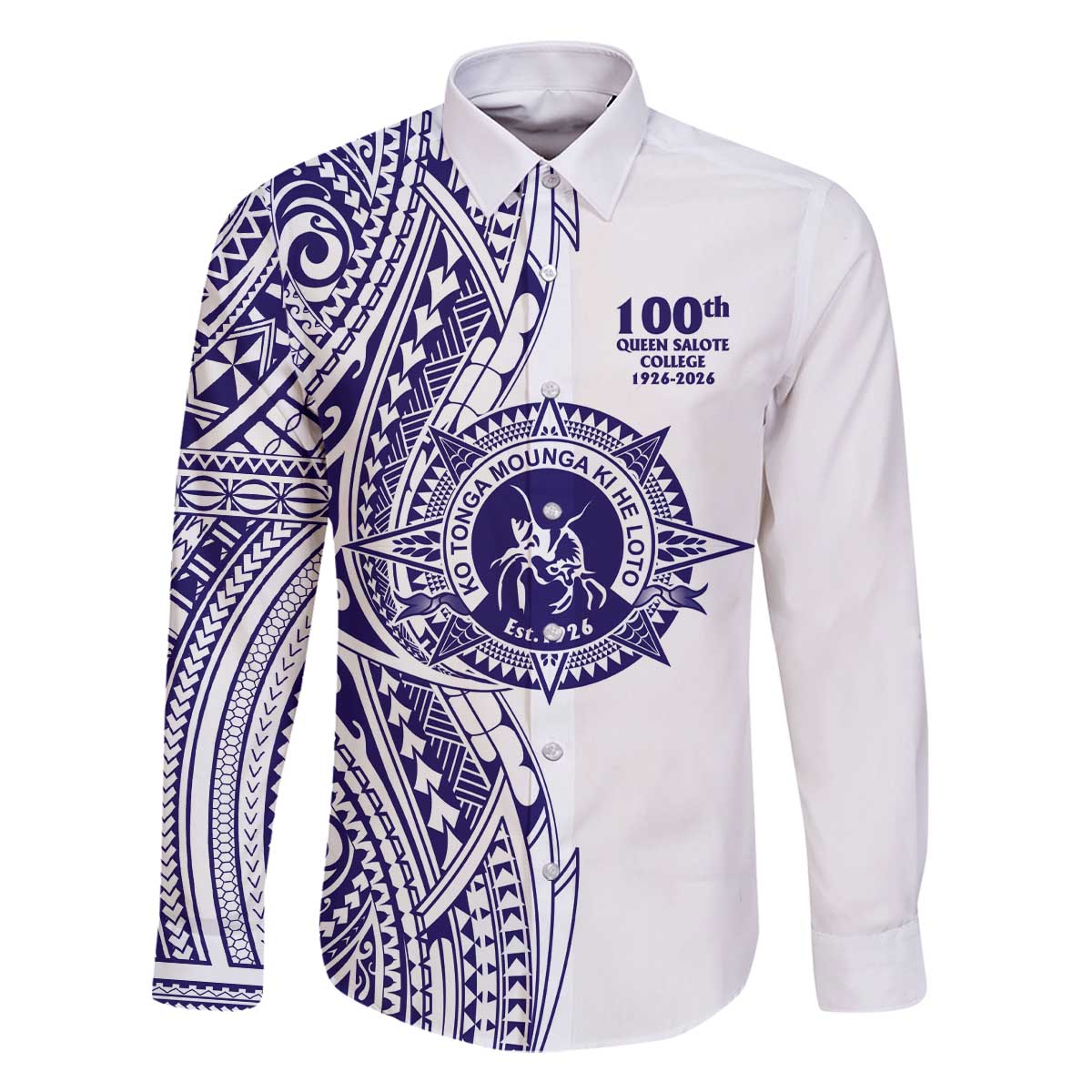Tonga Queen Salote College 100th Years Family Matching Off The Shoulder Long Sleeve Dress and Hawaiian Shirt White Tonga Kupesi Uniquely Pacific Art LT9 Dad's Shirt - Long Sleeve White - Polynesian Pride