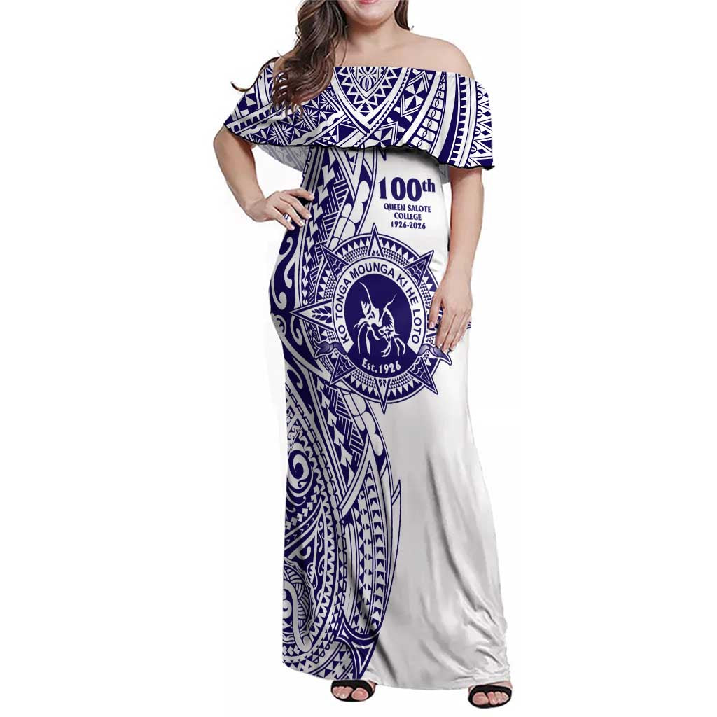 Tonga Queen Salote College 100th Years Family Matching Off Shoulder Maxi Dress and Hawaiian Shirt White Tonga Kupesi Uniquely Pacific Art LT9 Mom's Dress White - Polynesian Pride
