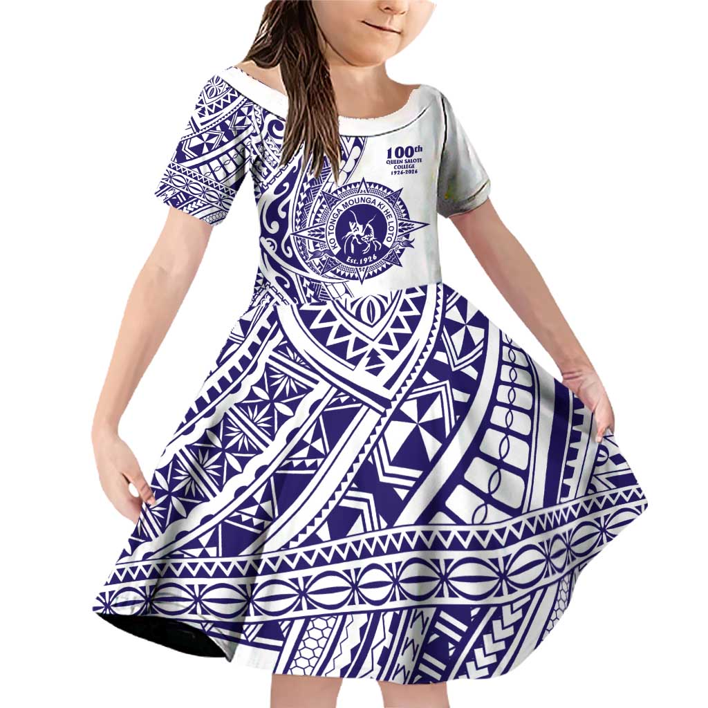 Tonga Queen Salote College 100th Years Family Matching Off Shoulder Short Dress and Hawaiian Shirt White Tonga Kupesi Uniquely Pacific Art LT9 Daughter's Dress White - Polynesian Pride
