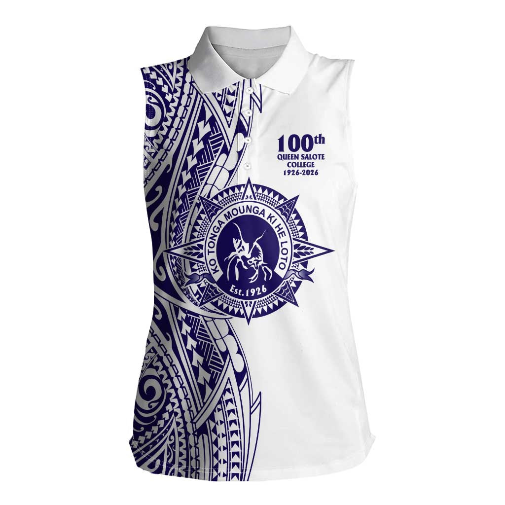 Tonga Queen Salote College 100th Years Women Sleeveless Polo Shirt White Tonga Kupesi Uniquely Pacific Art LT9 Female White - Polynesian Pride