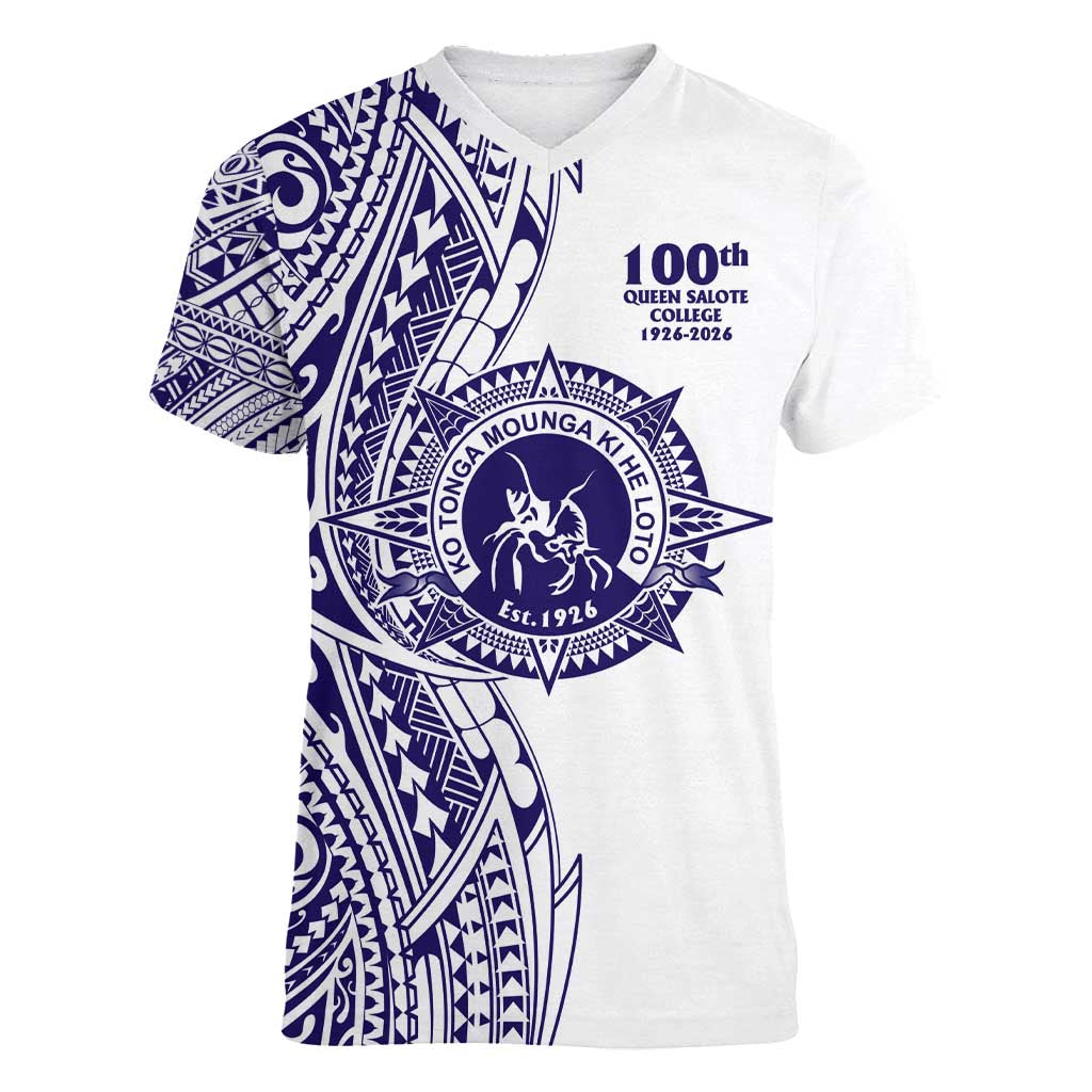 Tonga Queen Salote College 100th Years Women V-Neck T-Shirt White Tonga Kupesi Uniquely Pacific Art LT9 Female White - Polynesian Pride