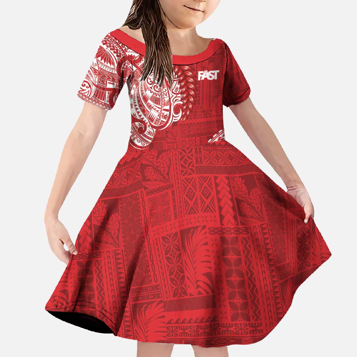 Samoa FAST Family Matching Off The Shoulder Long Sleeve Dress and Hawaiian Shirt Samoan Motif Patterns LT9 Daughter's Dress Red - Polynesian Pride