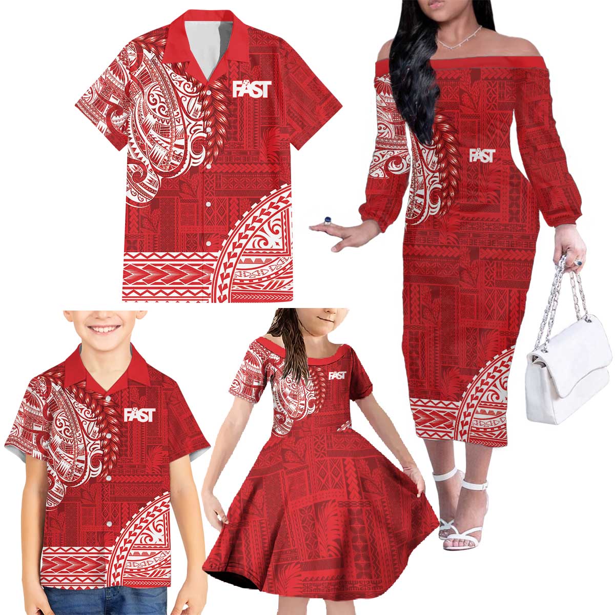 Samoa FAST Family Matching Off The Shoulder Long Sleeve Dress and Hawaiian Shirt Samoan Motif Patterns LT9 - Polynesian Pride