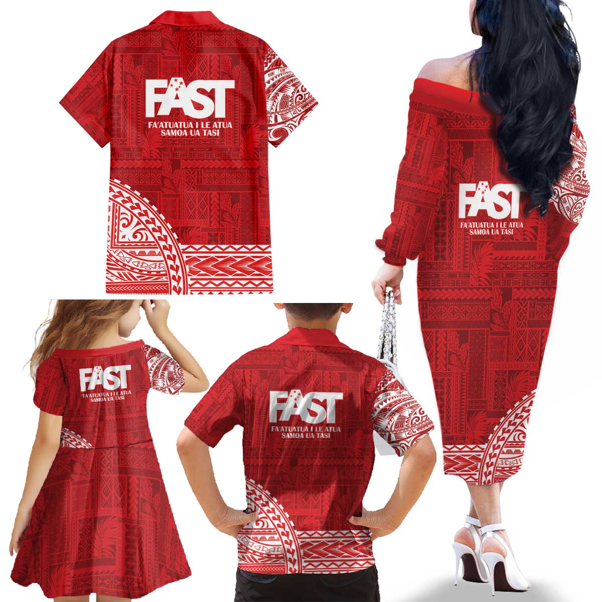 Samoa FAST Family Matching Off The Shoulder Long Sleeve Dress and Hawaiian Shirt Samoan Motif Patterns LT9 - Polynesian Pride