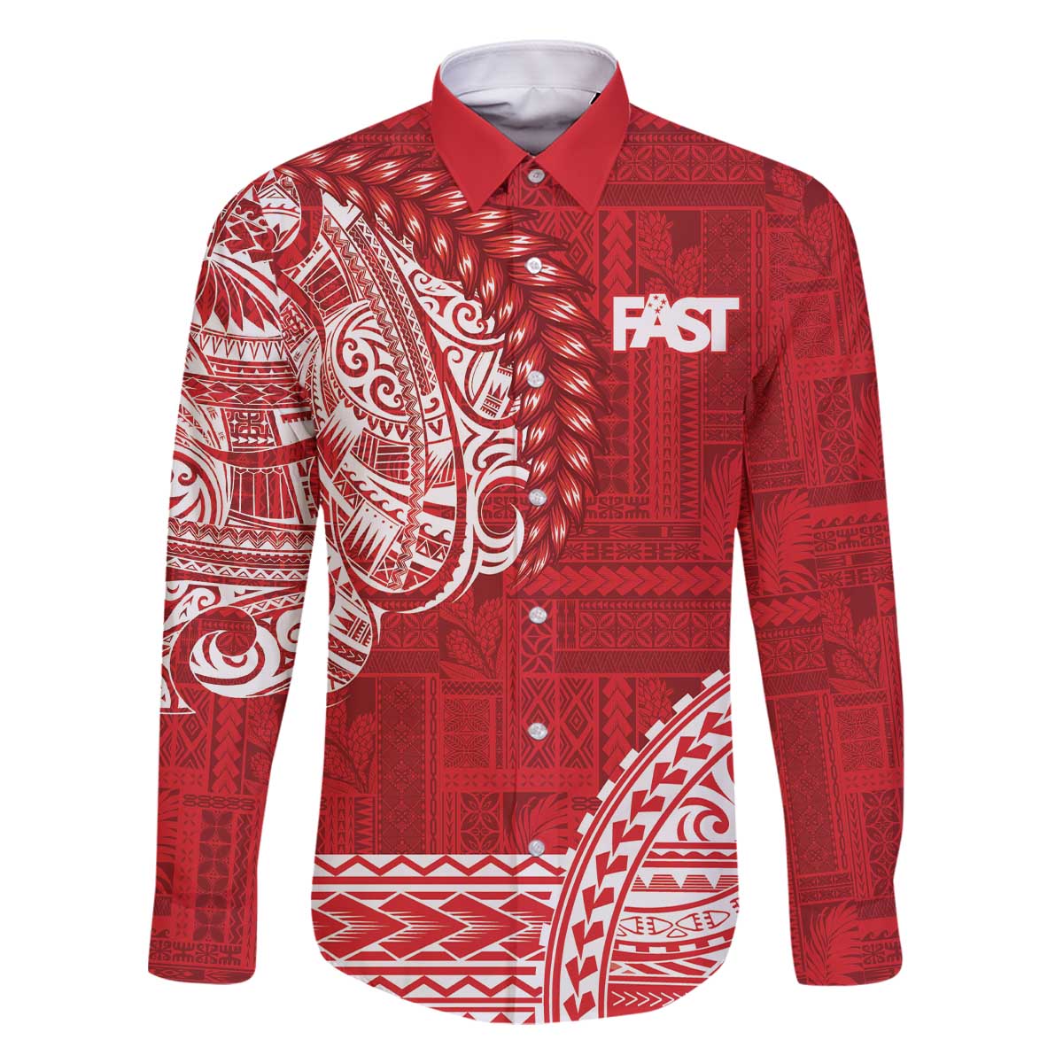 Samoa FAST Family Matching Off The Shoulder Long Sleeve Dress and Hawaiian Shirt Samoan Motif Patterns LT9 Dad's Shirt - Long Sleeve Red - Polynesian Pride