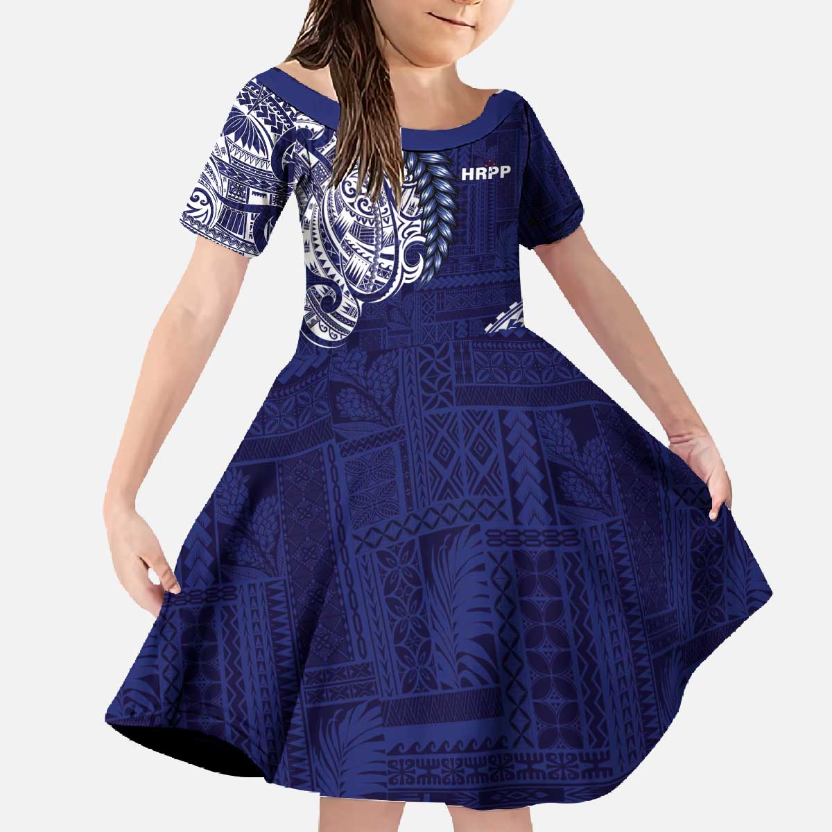 Samoa HRPP Family Matching Off The Shoulder Long Sleeve Dress and Hawaiian Shirt Samoan Motif Patterns LT9 Daughter's Dress Blue - Polynesian Pride