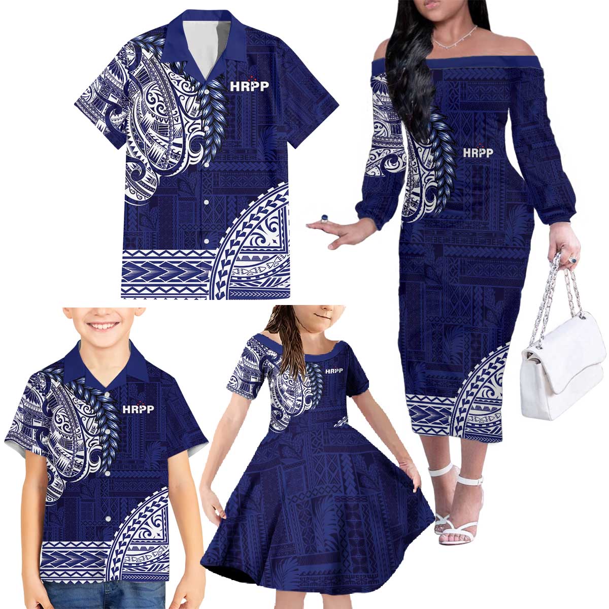 Samoa HRPP Family Matching Off The Shoulder Long Sleeve Dress and Hawaiian Shirt Samoan Motif Patterns LT9 - Polynesian Pride
