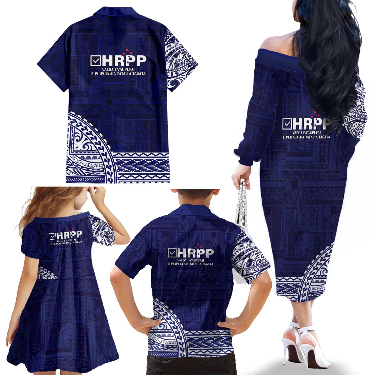 Samoa HRPP Family Matching Off The Shoulder Long Sleeve Dress and Hawaiian Shirt Samoan Motif Patterns LT9 - Polynesian Pride