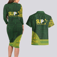 Samoa SUP Couples Matching Long Sleeve Bodycon Dress and Hawaiian Shirt Samoan Motif Patterns LT9 - Polynesian Pride