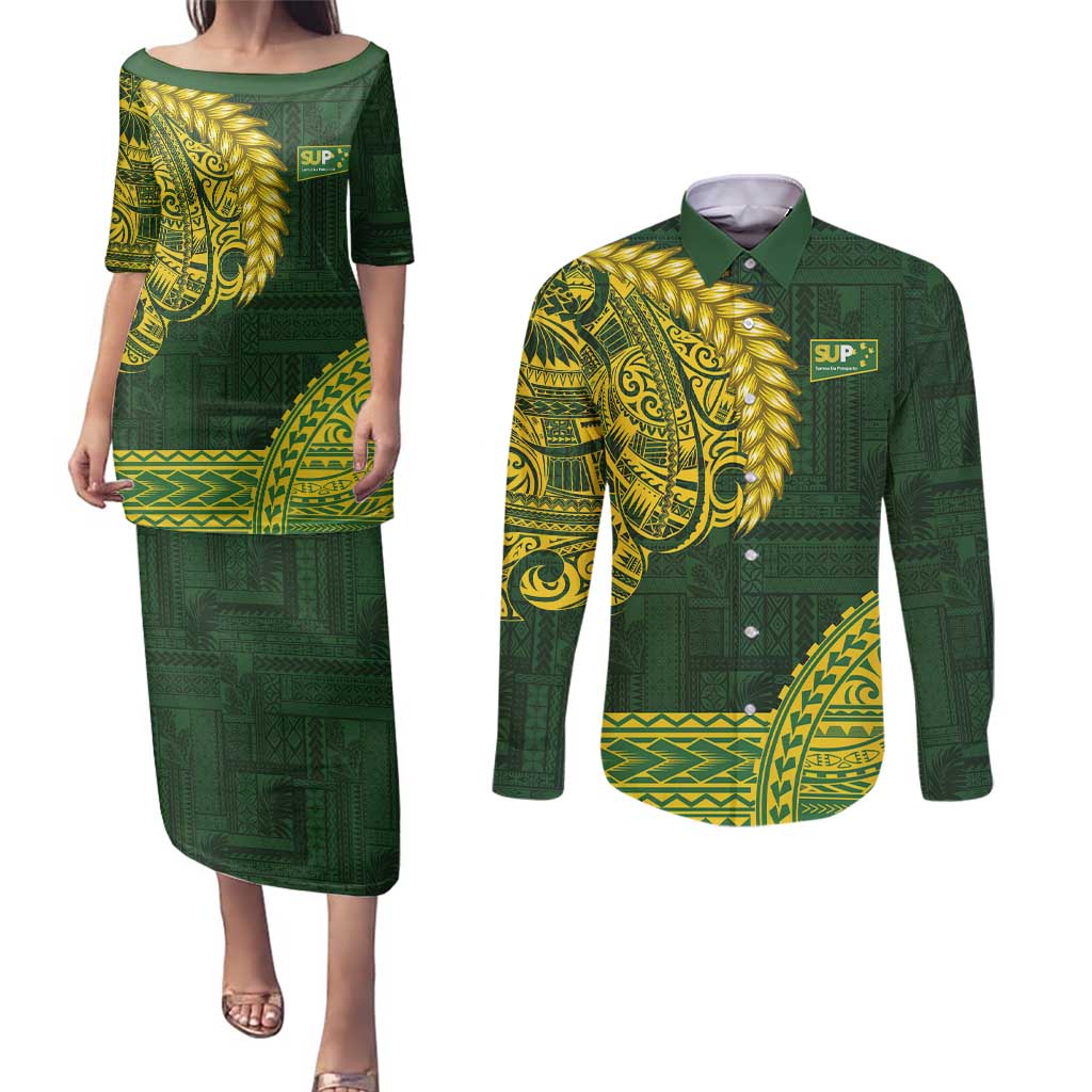 Samoa SUP Couples Matching Puletasi and Long Sleeve Button Shirt Samoan Motif Patterns LT9 Green - Polynesian Pride