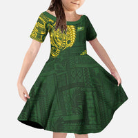 Samoa SUP Family Matching Off The Shoulder Long Sleeve Dress and Hawaiian Shirt Samoan Motif Patterns LT9 Daughter's Dress Green - Polynesian Pride