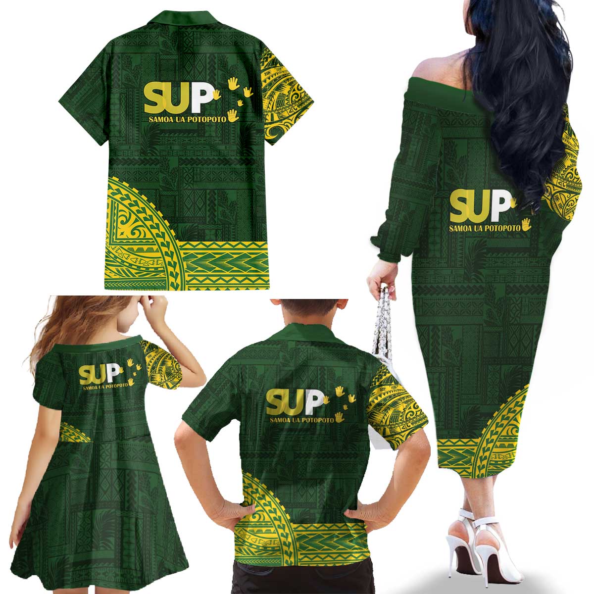 Samoa SUP Family Matching Off The Shoulder Long Sleeve Dress and Hawaiian Shirt Samoan Motif Patterns LT9 - Polynesian Pride