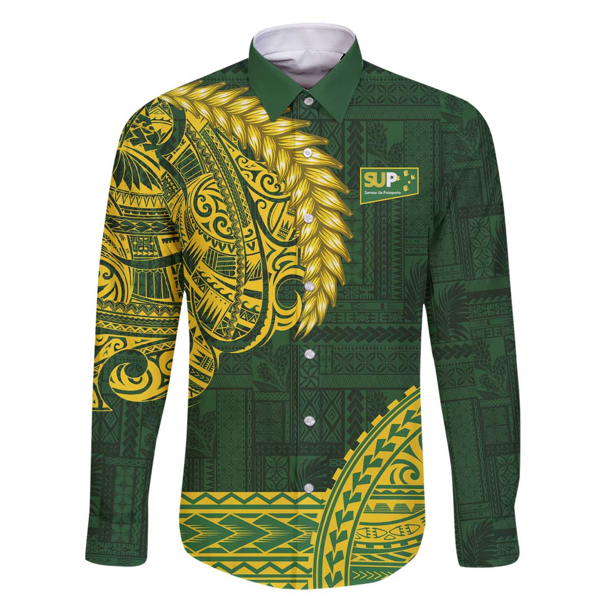 Samoa SUP Family Matching Off The Shoulder Long Sleeve Dress and Hawaiian Shirt Samoan Motif Patterns LT9 Dad's Shirt - Long Sleeve Green - Polynesian Pride