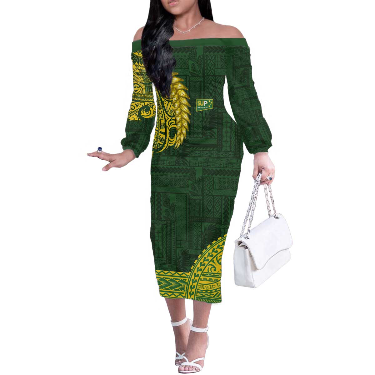 Samoa SUP Family Matching Off The Shoulder Long Sleeve Dress and Hawaiian Shirt Samoan Motif Patterns LT9 Mom's Dress Green - Polynesian Pride