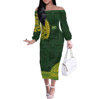 Samoa SUP Family Matching Off The Shoulder Long Sleeve Dress and Hawaiian Shirt Samoan Motif Patterns LT9 Mom's Dress Green - Polynesian Pride