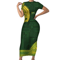 Samoa SUP Family Matching Short Sleeve Bodycon Dress and Hawaiian Shirt Samoan Motif Patterns LT9 Mom's Dress Green - Polynesian Pride