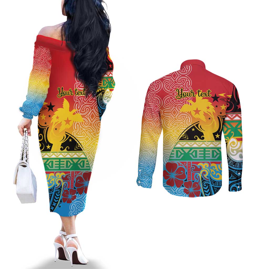 Personalised Torba PNG Day Couples Matching Off The Shoulder Long Sleeve Dress and Long Sleeve Button Shirt Oro Tapa Pattern - Polynesian Pride