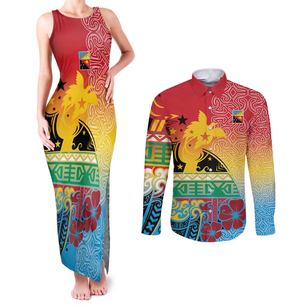 Personalised Torba PNG Day Couples Matching Tank Maxi Dress and Long Sleeve Button Shirt Oro Tapa Pattern - Polynesian Pride