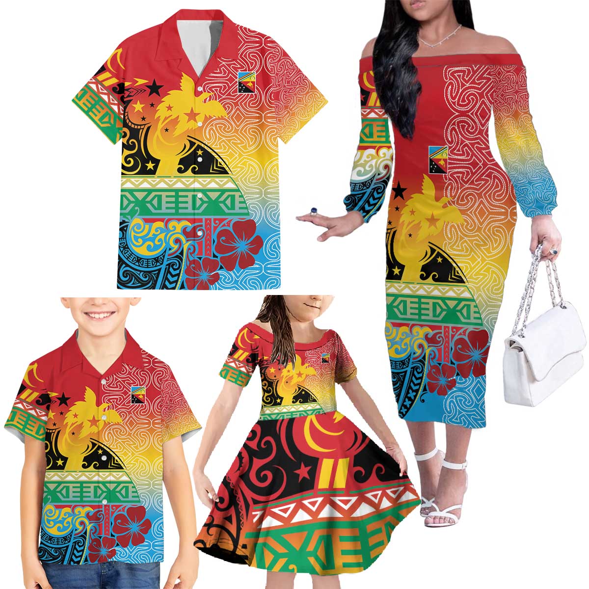 Personalised Torba PNG Day Family Matching Off The Shoulder Long Sleeve Dress and Hawaiian Shirt Oro Tapa Pattern LT9 - Polynesian Pride