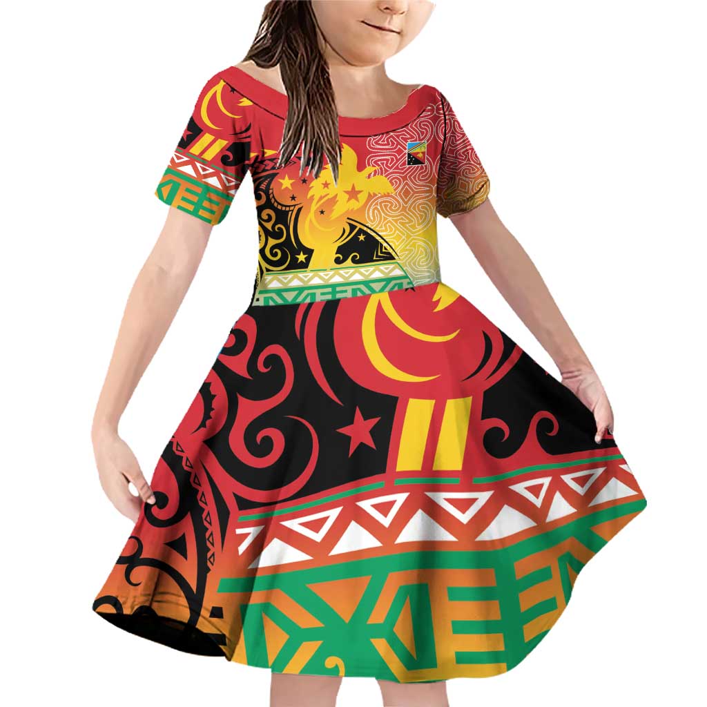 Personalised Torba PNG Day Family Matching Off Shoulder Short Dress and Hawaiian Shirt Oro Tapa Pattern LT9 Daughter's Dress Green - Polynesian Pride