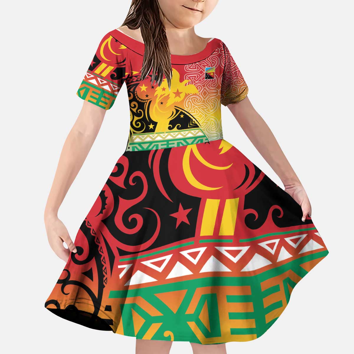 Personalised Torba PNG Day Kid Short Sleeve Dress Oro Tapa Pattern - Polynesian Pride