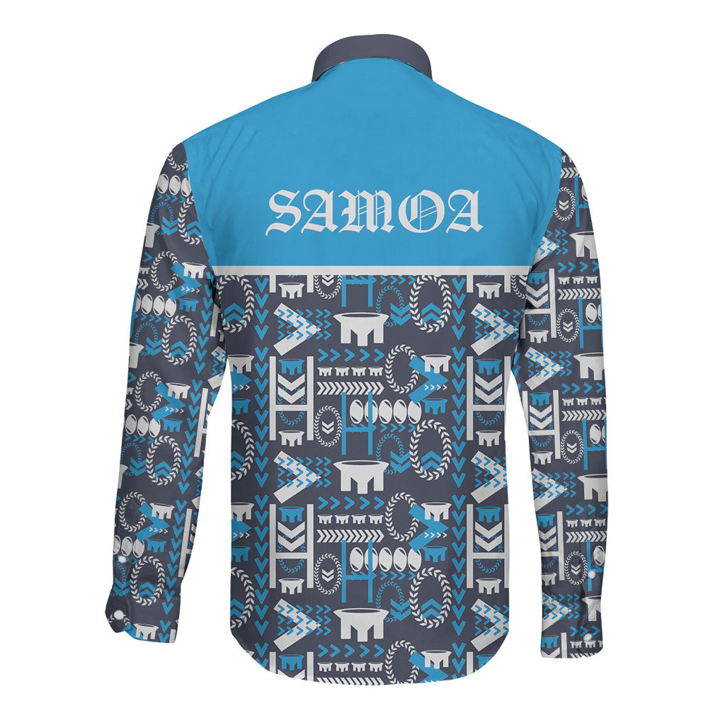 Samoan Warrior Island Heritage Long Sleeve Button Shirt Ocean Island Geometry Blue Style LT9 - Polynesian Pride