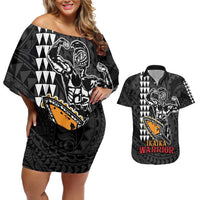 Aloha Spirit Ikaika Warrior Helmet Couples Matching Off Shoulder Short Dress and Hawaiian Shirt LT9 Black - Polynesian Pride
