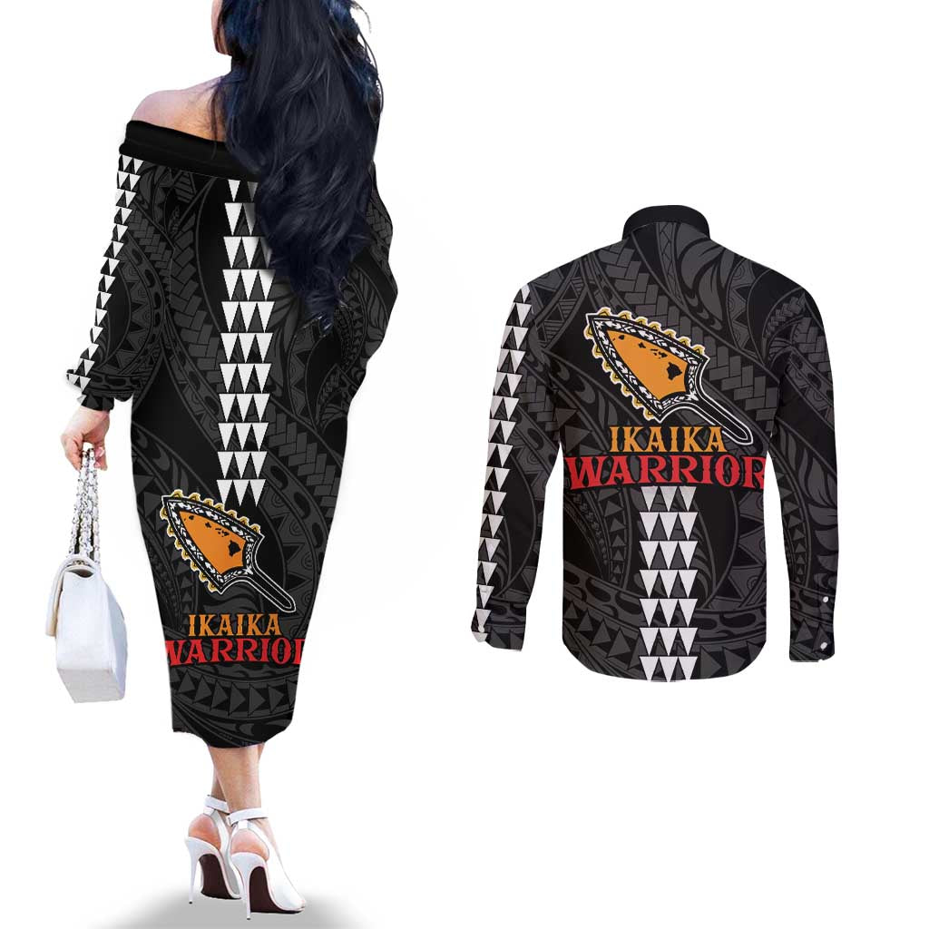 Aloha Spirit Ikaika Warrior Helmet Couples Matching Off The Shoulder Long Sleeve Dress and Long Sleeve Button Shirt LT9 - Polynesian Pride