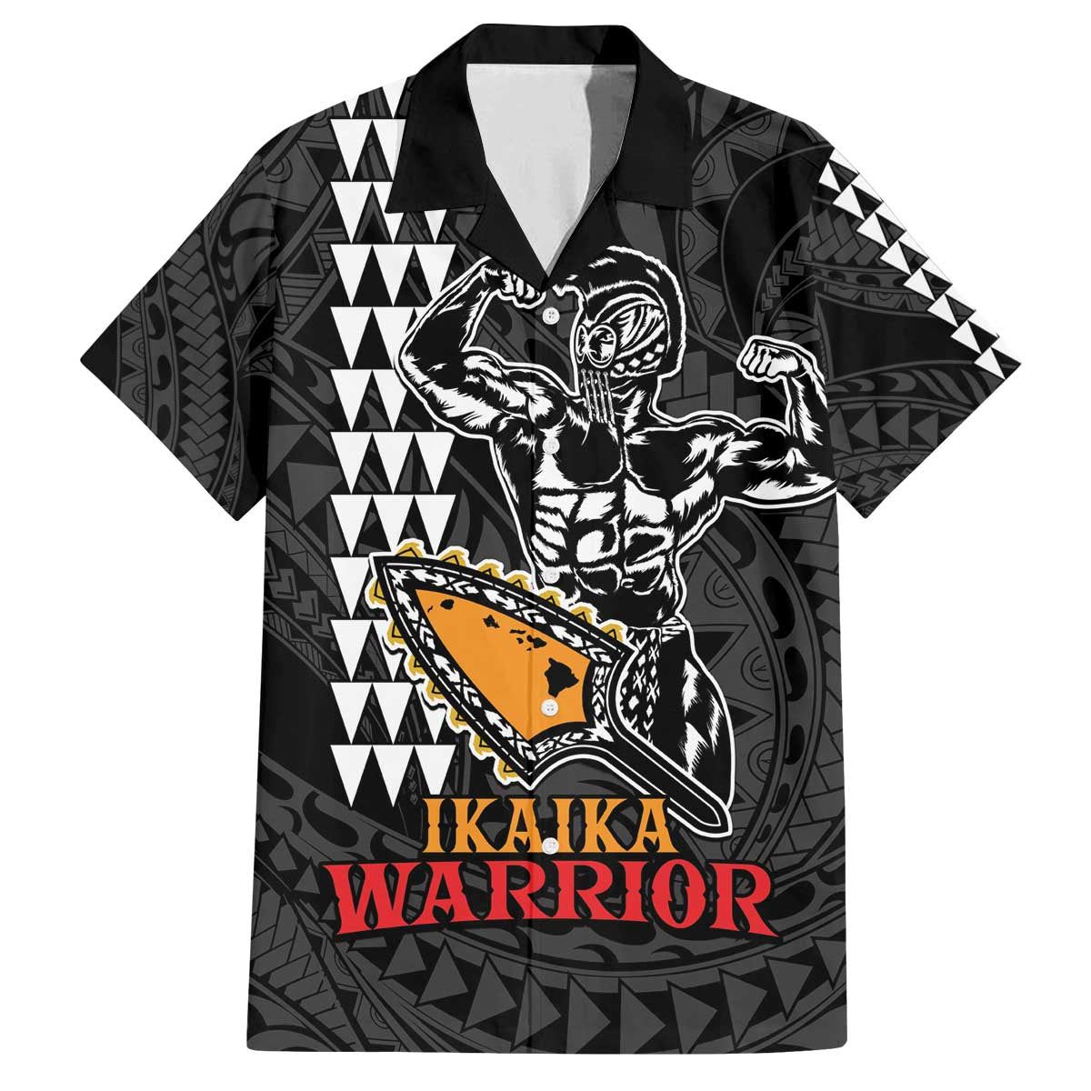 Aloha Spirit Ikaika Warrior Helmet Family Matching Off The Shoulder Long Sleeve Dress and Hawaiian Shirt LT9 Dad's Shirt - Short Sleeve Black - Polynesian Pride