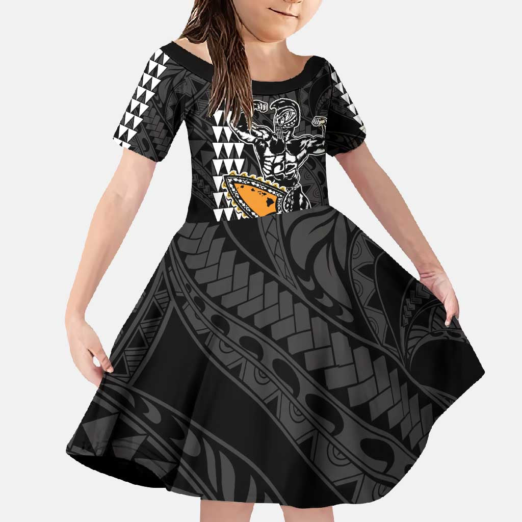 Aloha Spirit Ikaika Warrior Helmet Family Matching Off Shoulder Maxi Dress and Hawaiian Shirt LT9 Daughter's Dress Black - Polynesian Pride