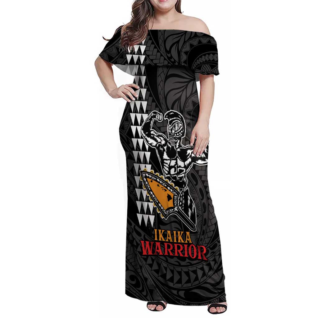 Aloha Spirit Ikaika Warrior Helmet Family Matching Off Shoulder Maxi Dress and Hawaiian Shirt LT9 Mom's Dress Black - Polynesian Pride