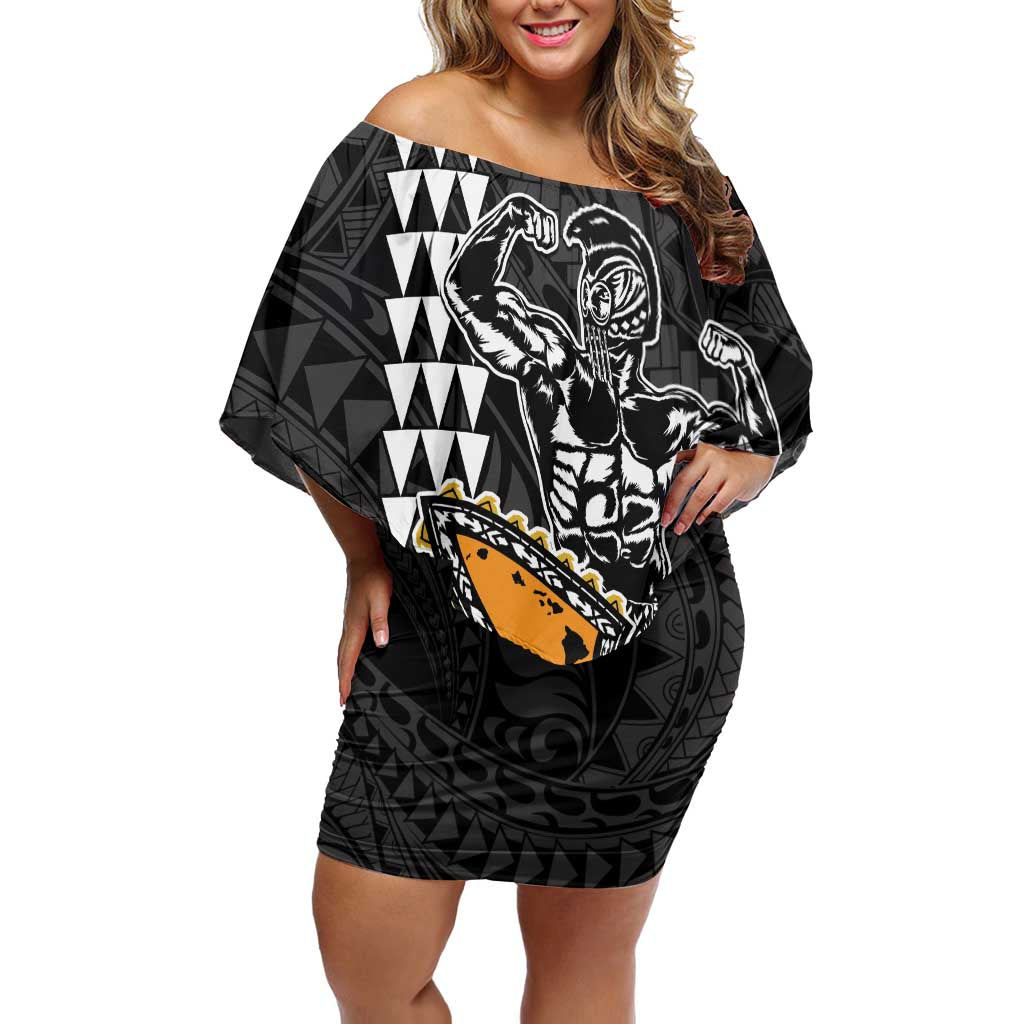 Aloha Spirit Ikaika Warrior Helmet Family Matching Off Shoulder Short Dress and Hawaiian Shirt LT9 Mom's Dress Black - Polynesian Pride